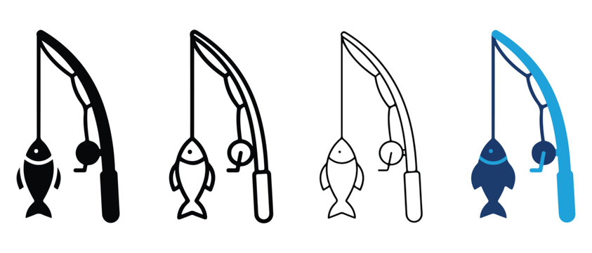 fishing rod icons with fish and bobbers isolated on transparent background for graphic design use