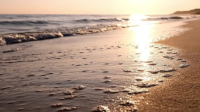 Golden ocean waves washing over sandy tropical beach shore during sunset in dynamic video motion clip