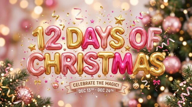 Festive celebration countdown twelve days of christmas holiday decorations with decorative elements set against lush green foliage vibrant illuminated celebration