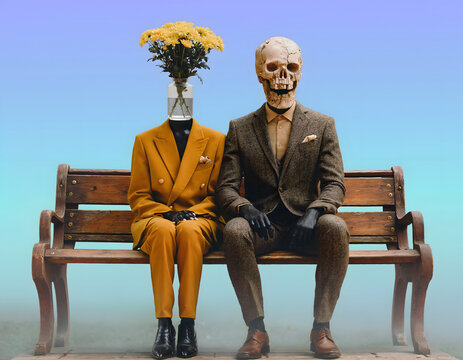 Surreal Skeleton Couple on Park Bench, Yellow Flowers in Head, Abstract Background, Conceptual Art, Metaphorical Relationship Symbolism, Artistic Portrait, Autumnal Tones, Mysterious Duo