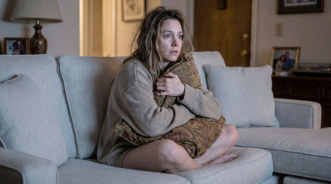 Frightened woman hugging a pillow and watching a terrifying movie or news on TV