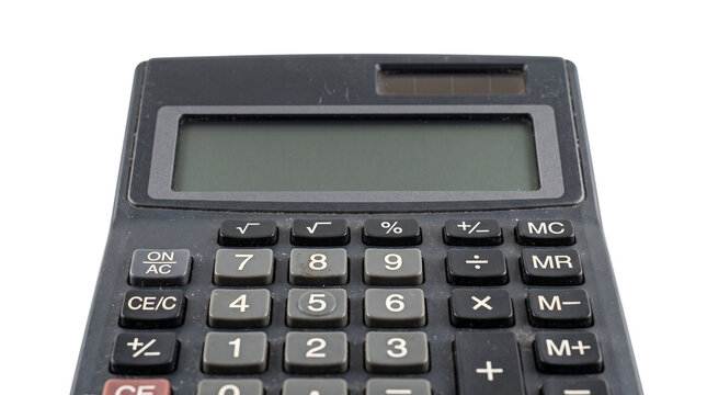 Black electronic calculator for business accounting, digital office tool for financial math, portable desktop calculator with solar panel isolated PNG with Transparent Background