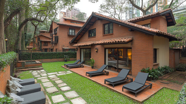 Luxury brick villa with garden, swimming pool, and lounge chairs, surrounded by lush greenery and trees.
