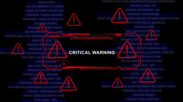 Digital cyber security critical warning alert system with red warning and scrolling system data logs background, for cybersecurity breach, network intrusion, data, theft, and information
