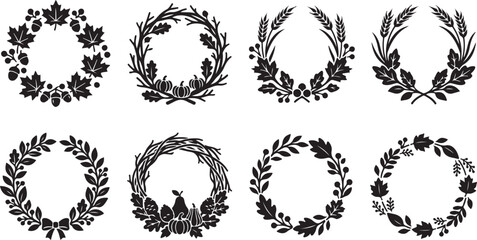Fototapeta premium Autumn wreath icons set. Black floral frames for fall seasonal design and harvest decor.