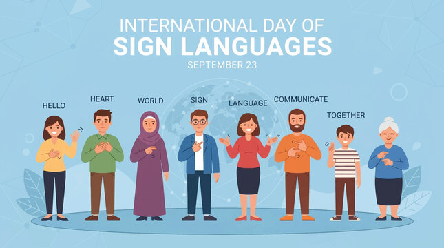 International Day of Sign Languages Illustration September 23, Team of Diverse People Gesturing with Hands, Conceptual Vector Art for Community Awareness Campaigns