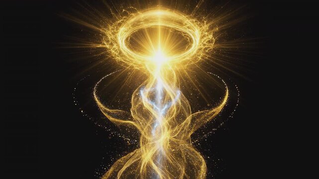 Golden glowing ring with divine energy flow and particle sparks on black background