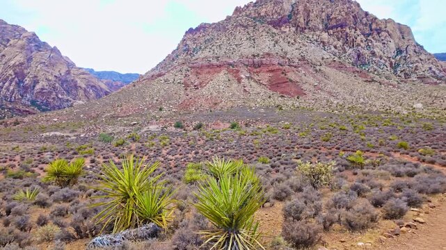 Panoramic view of rugged sandstone mountain peaks along the scenic desert trails at Spring Mountain Ranch State Park Nevada