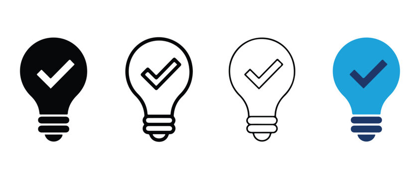 light bulb icons with check marks in different colors isolated on transparent background