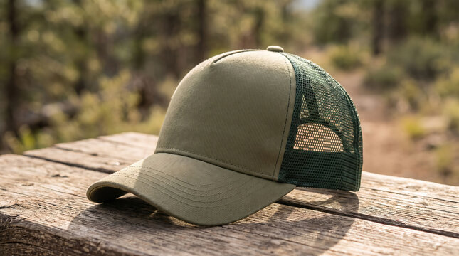 Green trucker hat mockup on a rustic wooden table outdoors with forest background and natural lighting