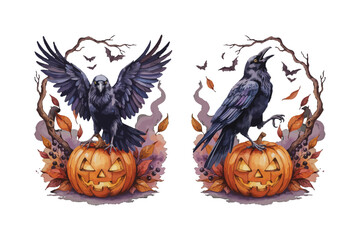 Naklejka premium Watercolor Raven and Jack O Lantern Clipart, Dark Halloween Fantasy Illustration, Isolated on White