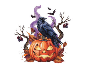 Naklejka premium Watercolor Wicked Raven and Pumpkin Illustration, Spooky Halloween Bird Clipart, Isolated on White Background