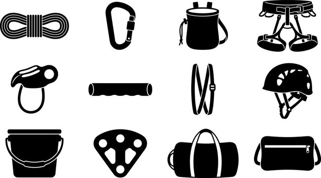 Rock climbing safety equipment and mountaineering gear icon set featuring black glyph vector icons