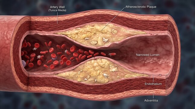 Medical cross section of artery showing atherosclerosis plaque buildup