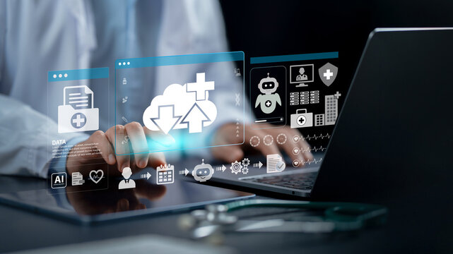 Doctor analyzing medical cloud data and health records on digital screen with tablet and laptop. AI medical technology, cloud storage sync and smart healthcare network. file document. Backup Storage.