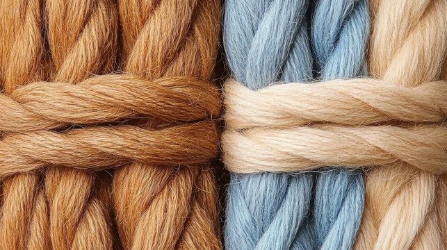 Close-up of two thick braided ropes, one brown and one blue, tied together with a beige cord