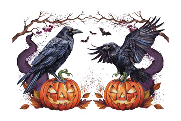 Naklejka premium Hand-Painted Halloween Raven with Pumpkin, Gothic Autumn Clipart, Isolated Vector Illustration