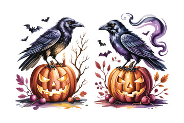 Naklejka premium Watercolor Wicked Raven and Pumpkin Illustration, Spooky Halloween Bird Clipart, Isolated on White Background