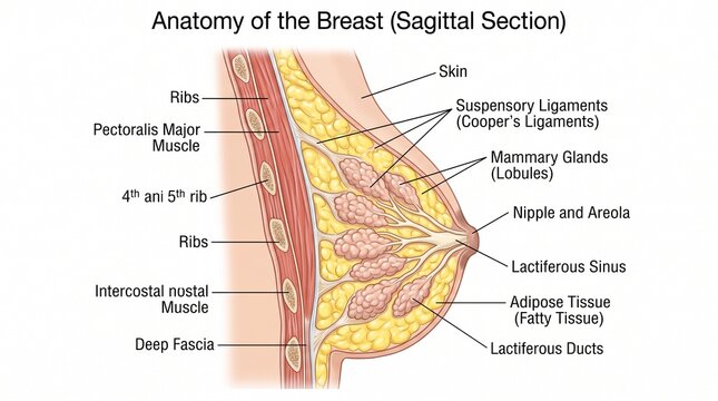 Anatomy of the breast sagittal section medical diagram illustration