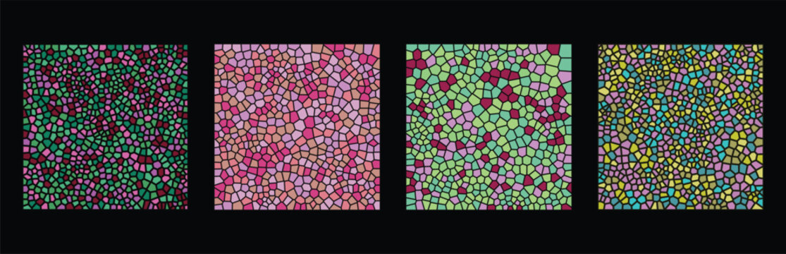 Set of four abstract geometric mosaic patterns with colorful stained glass effect and random polygon shapes in dark and bright vibrant color palettes for modern creative design Vector