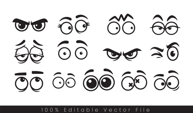 A collection of hand-drawn cartoon eyes showcasing various expressions like anger, sadness, and surprise on a white back