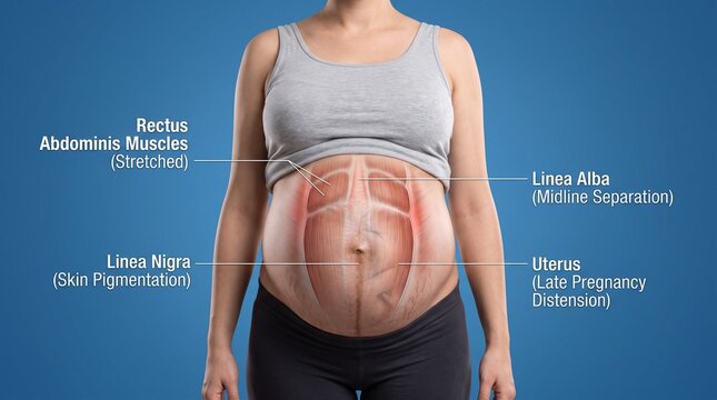Pregnant woman abdomen anatomy illustration showing rectus abdominis and uterus