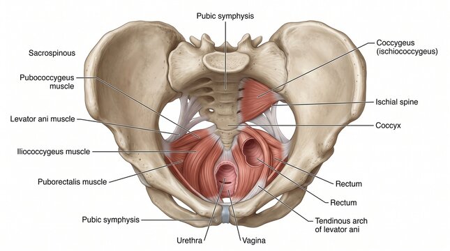 Human female pelvis bone and muscle anatomy diagram with labels, skeleton