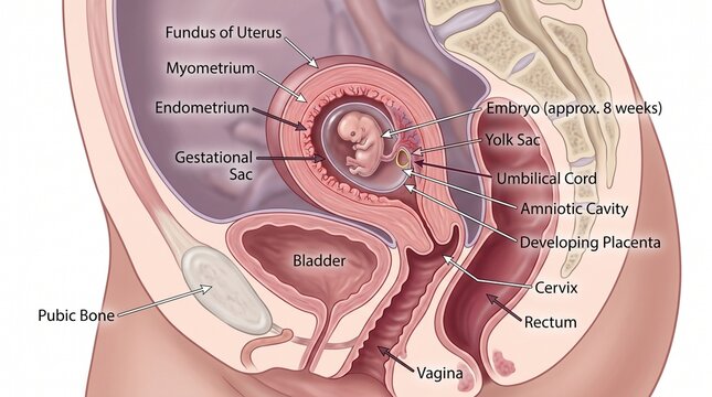 Sagittal section medical illustration of human embryo at eight weeks gestation
