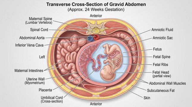 Transverse cross section of gravid abdomen showing fetus at twenty one weeks