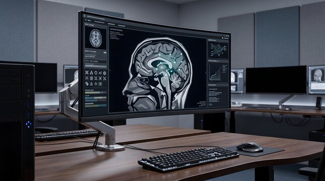 Brain MRI scan on computer monitor, medical imaging diagnosis, neurology research workstation, digital health technology interface