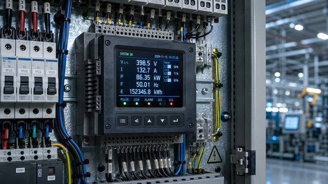 Industrial electrical control panel with digital power meter, circuit breakers and factory automation equipment