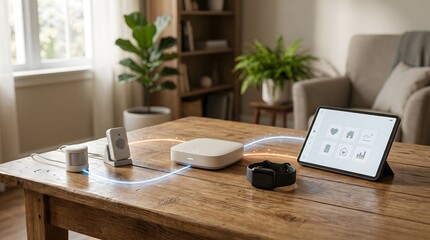 Fototapeta premium Smart home automation system connected devices, digital tablet control app interface, lifehacking gadgets on wooden table, modern interior living room lifestyle