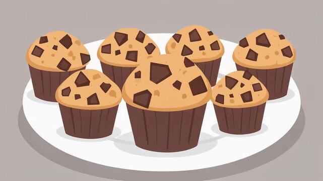 Plate of fresh chocolate chip muffins, delicious baked pastry dessert illustration.
