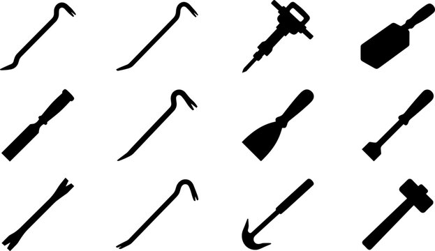 Demolition hand tools and prying equipment icon set featuring black glyph vector icons