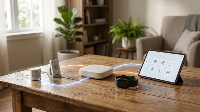 Smart home automation system connected devices, digital tablet control app interface, lifehacking gadgets on wooden table, modern interior living room lifestyle