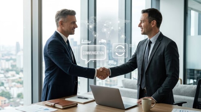 Two professionals shaking hands in modern office with digital communication with glass walled background futuristic communication feedback icons floating above them