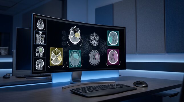 Curved computer monitor displaying brain MRI scans; magnetic resonance imaging analysis; medical diagnostic radiology interface; neurology healthcare technology