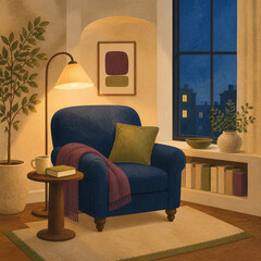 Fototapeta premium Armchair, lounge, cozy, interior, living, room, lamp, blanket, pillow, rug in a warm night scene, blue velvet chair by a window, soft lighting, inviting and relaxed.