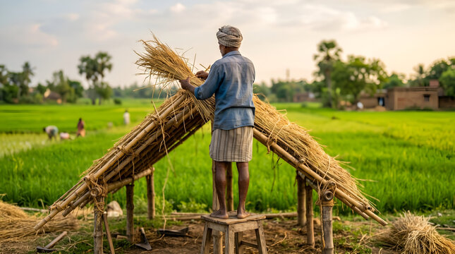 Indian Farmer Building Straw Hut Roof: Traditional Agriculture Work in Green Rice Field