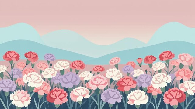 Field of blooming carnation flowers with soft pastel mountains in the background