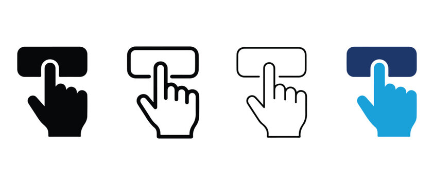 touchscreen Interaction Icons Showing Finger Pressing Down on Virtual Buttons for User Interface Design