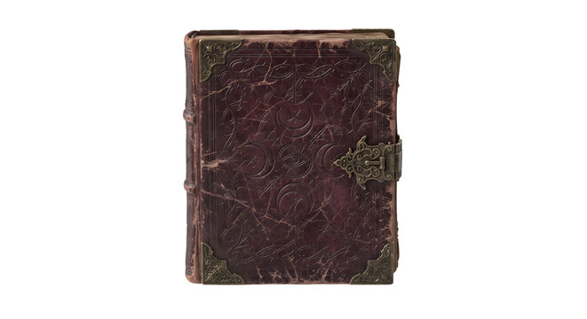 Aged leather grimoire book with ornate metal corners
