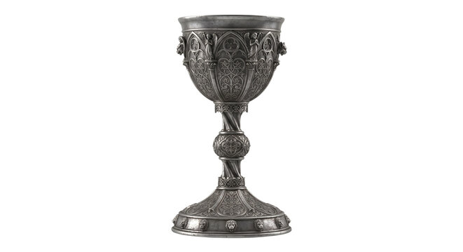 Ornate medieval silver chalice with gothic engravings