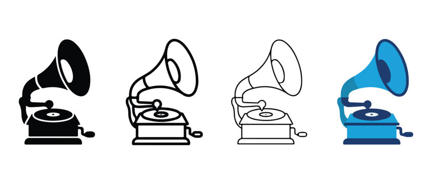 Vintage gramophone record players in various colors isolated on transparent background for creative design projects
