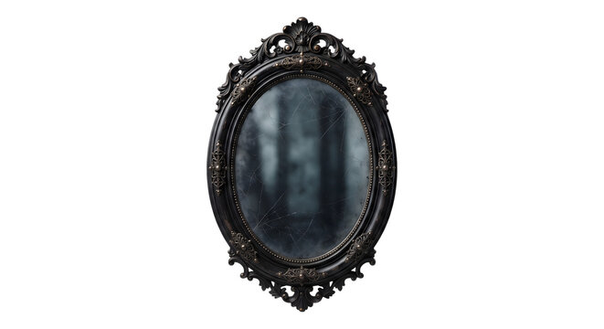Ornate antique black mirror with spiderwebs and misty reflection