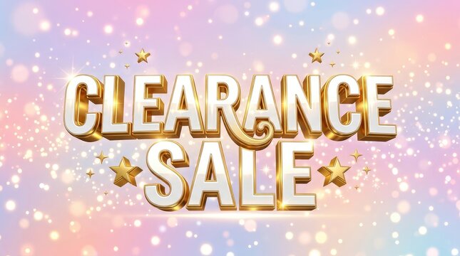 Glossy golden clearance sale sign with sparkling star decorations with adorned twinkling star accents against gradient backdrop soft pastel colors scattered light dots