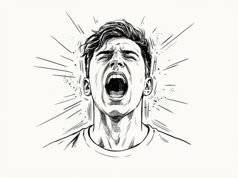 Young man screaming in anger with an intense expression in a sketch style