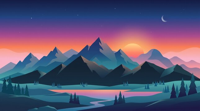 Minimalist mountain landscape at sunset with lake and forest
