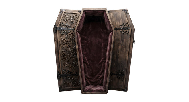 Open wooden gothic coffin with open doors and velvet interior