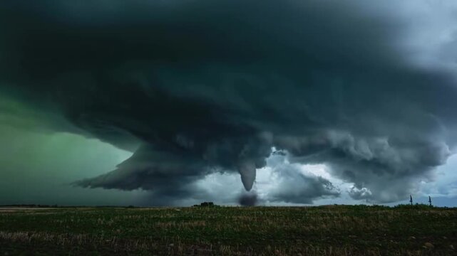 Dramatic supercell storm cloud over a rural field